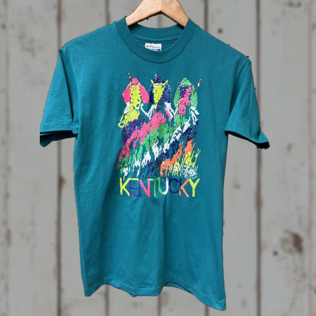 Hanes VINTAGE Hanes Kentucky 1992 Puff Paint Single Stitch T-Shirt Horse Racing Crew Neck Short Sleeve Green Cotton Blend M Men Size US M / EU 48-50 / 2 - 1 Thumbnail