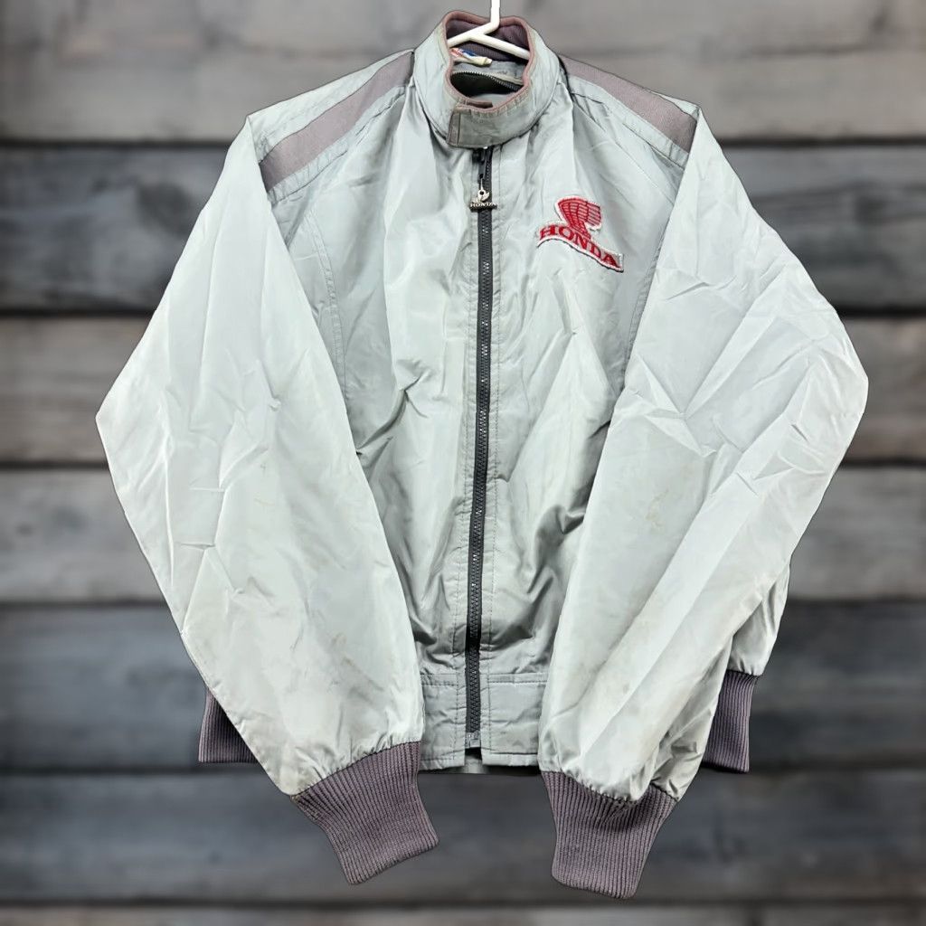 VINTAGE Honda Jacket Mens L Grey Windbreaker Full Zip 90s Motorcycle Hondaline Biker Logo Zip