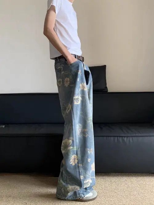 Japanese Brand × Jean Washed floral print design baggy jeans Size US 33 - 2 Thumbnail