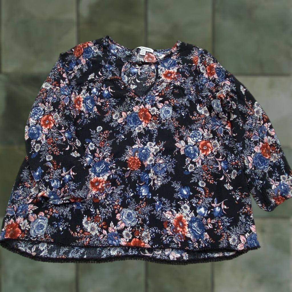 American Eagle Outfitters American Eagle Womens Boho Floral Blouse XS Black Flowy Keyhole Top Size XS / US 0-2 / IT 36-38 - 1 Thumbnail