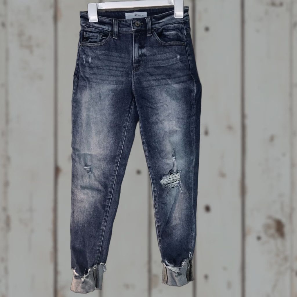 Vintage VINTAGE? No. KanCan Jeans Distressed Cuffed Ankle Jeans Womens Size 5/26 Denim Blue 26x24 Regular Stretch 5-Pocket Hipster Pattern Jeans Size 27" / US 4 / IT 40 - 1 Thumbnail