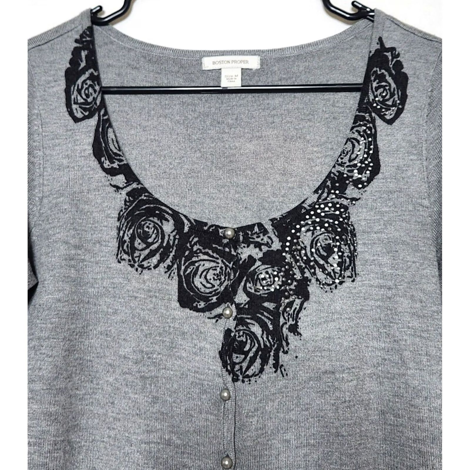 Boston Proper Boston Proper Womens Cardigan Sweater 3/4 Sleeve Rhinestone Floral Gray M Size M / US 6-8 / IT 42-44 - 3 Thumbnail