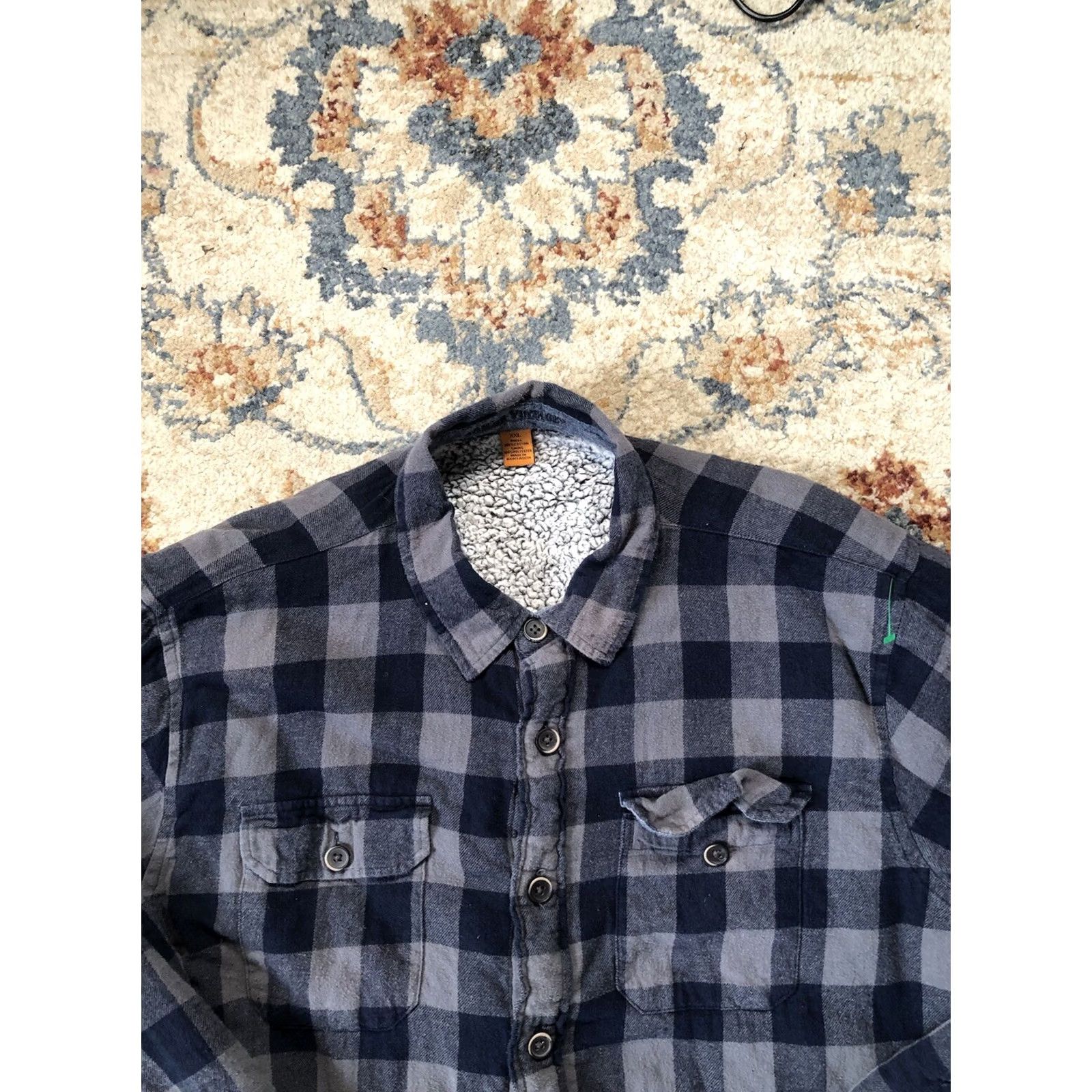 Vintage Tailor Vintage Shirt Jacket Mens 2XL Blue Gray Buffalo Plaid Flannel Sherpa Long Buttoned Lined Cotton Wool Size US XXL / EU 58 / 5 - 2 Thumbnail