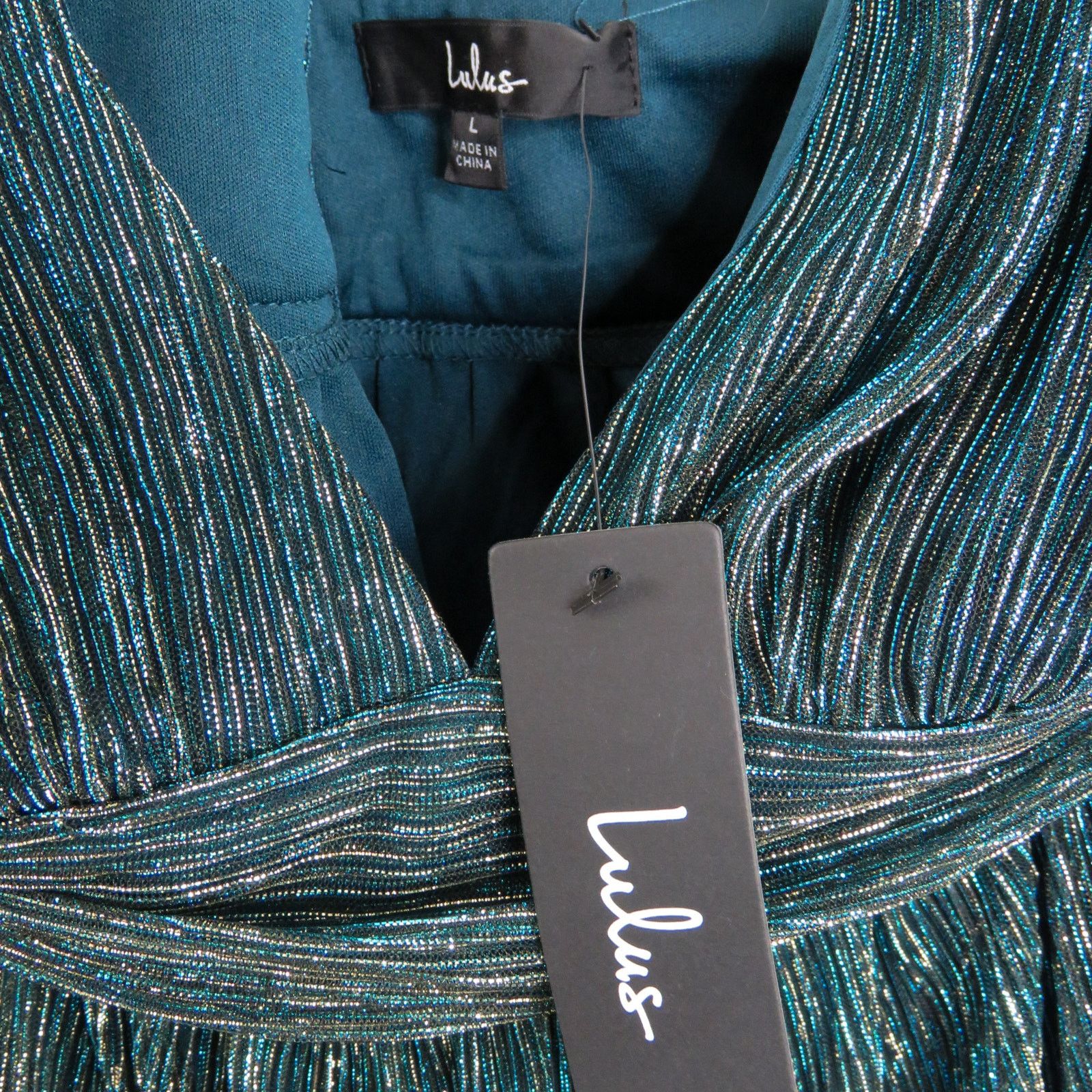 Lulus Lulus Ailey Gold Teal Blue Skater Dress Sparkly V-Neck Large Size L / US 10 / IT 46 - 8 Thumbnail