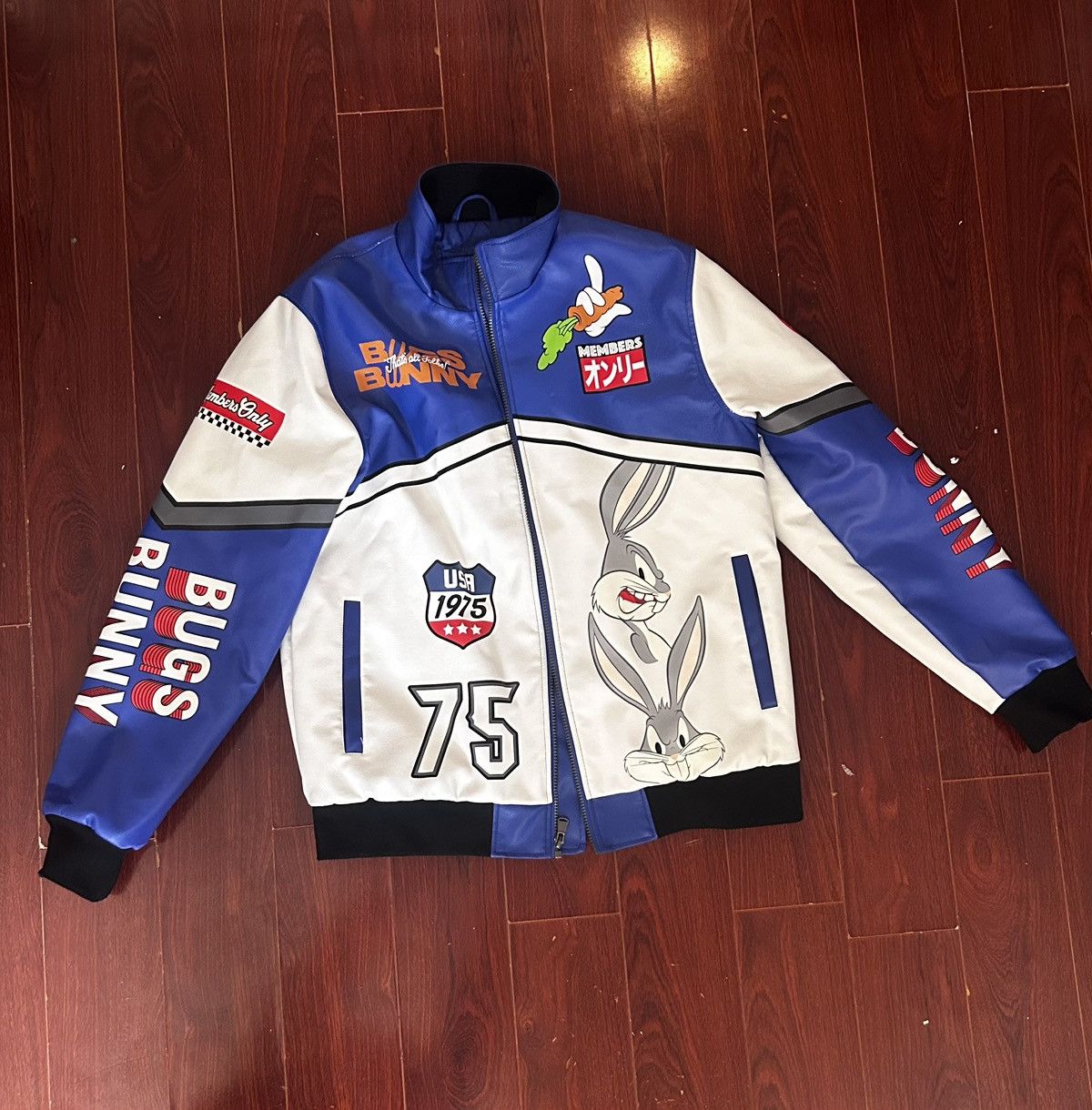 White and Blue Members Only bugs bunny racing jacket