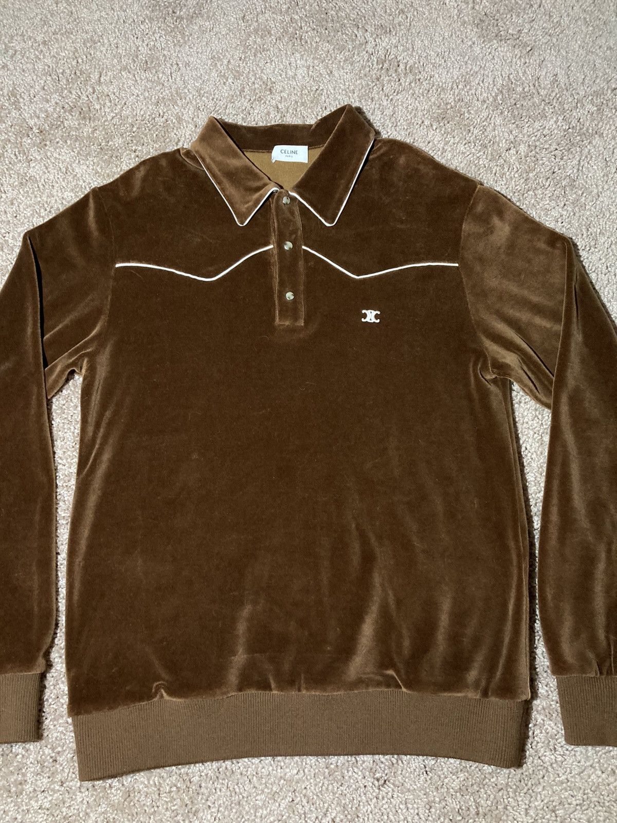 Celine × Hedi Slimane FW20 Celine Velour Polo Pullover Velvet 2020 AW20 Chocolate Size US S / EU 44-46 / 1 - 2 Thumbnail
