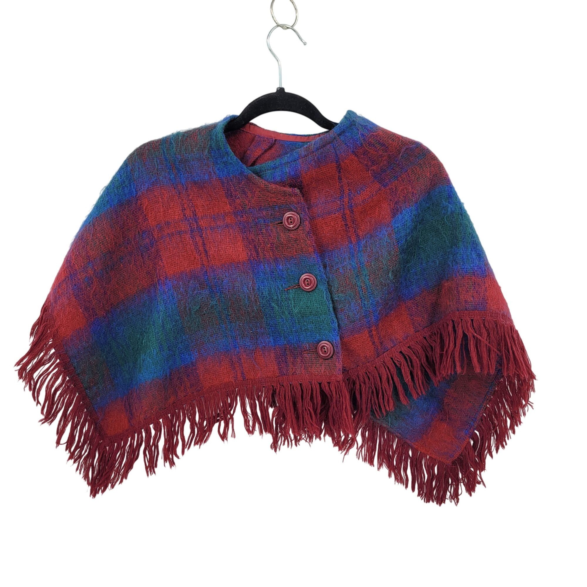 Vintage Vtg Scottish Cropped Poncho Mohair Wool Red Blue Plaid Fring Size ONE SIZE - 6 Thumbnail