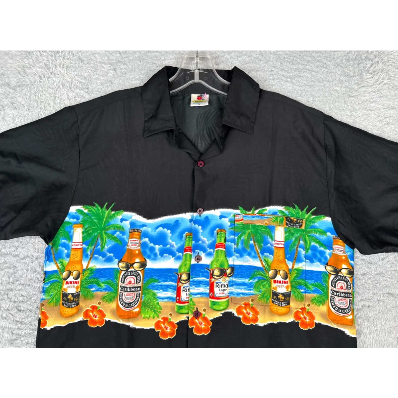 Erima Rima Shirt Men M Black Palm Beer Sunglasses Beach Hawaiian 100% Terivoile Floral Short Sleeve Button-Up Size US M / EU 48-50 / 2 - 4 Thumbnail