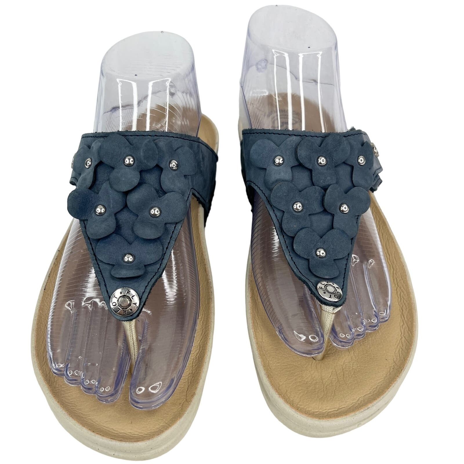 Other FLY FLOT Blue Suede Flower Sandals Flip Flops 39 1.75" Heel Size US 7.5 / IT 37.5 - 2 Thumbnail