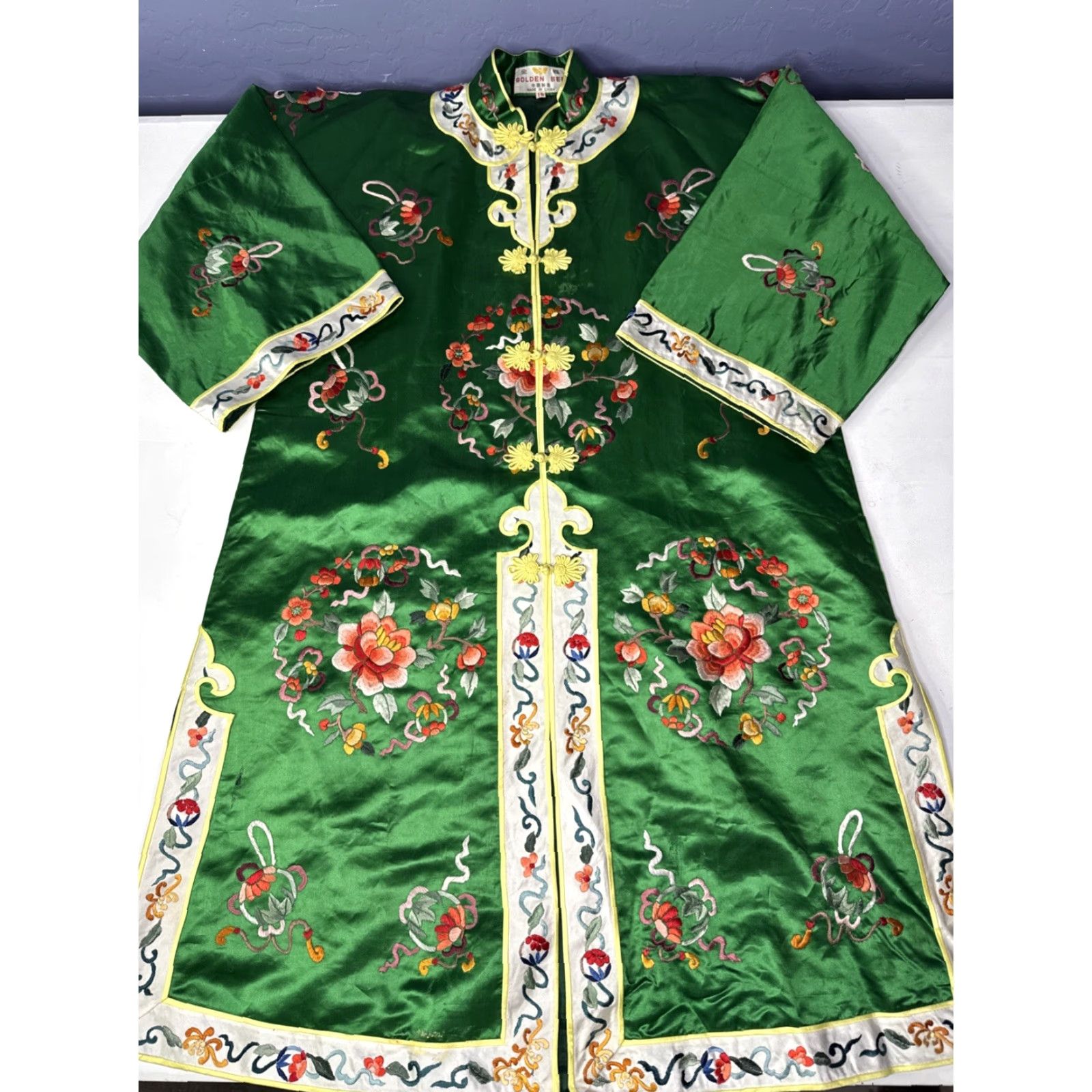 Vintage VINTAGE Golden Bee Chinese Silk Robe Embroidered Sz 10 Green Flowers Size ONE SIZE - 2 Thumbnail