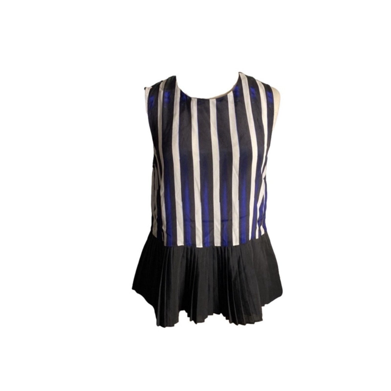 Nicole Miller Chic Striped Pleated Peplum Blouse Blue Black Artelier Size S / US 4 / IT 40 - 2 Thumbnail