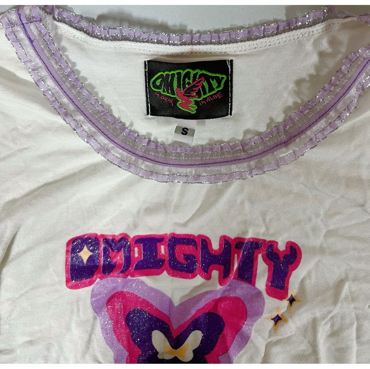 Japanese Brand O-Mighty Butterfly Logo Graphic Ruched T-Shirt Top Size S 🦋✨ Size S / US 4 / IT 40 - 3 Thumbnail