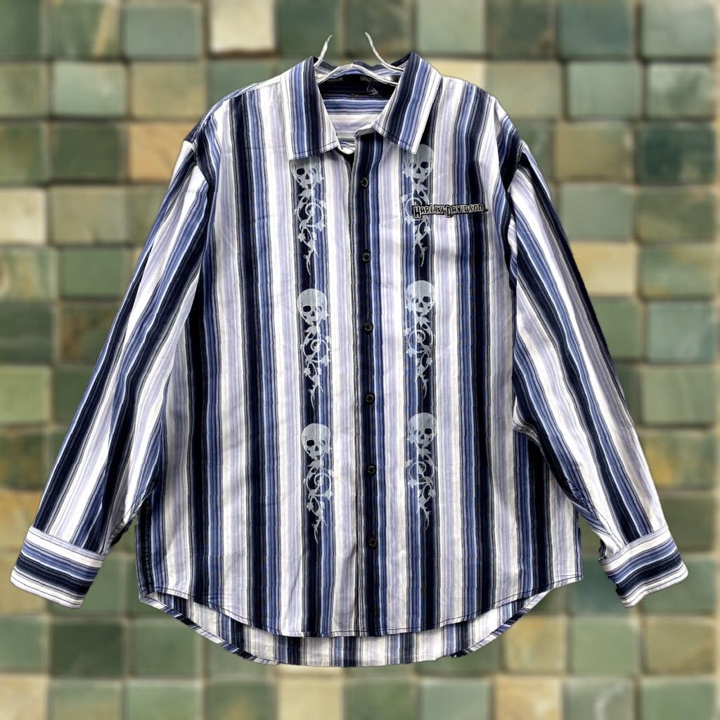 Harley Davidson Harley-Davidson Shirt Men Large Blue Striped Skull Moto Biker Rocker Grunge 90's Shirt Men Large Blue Striped Skull Moto Biker Roc Size US L / EU 52-54 / 3 - 1 Thumbnail