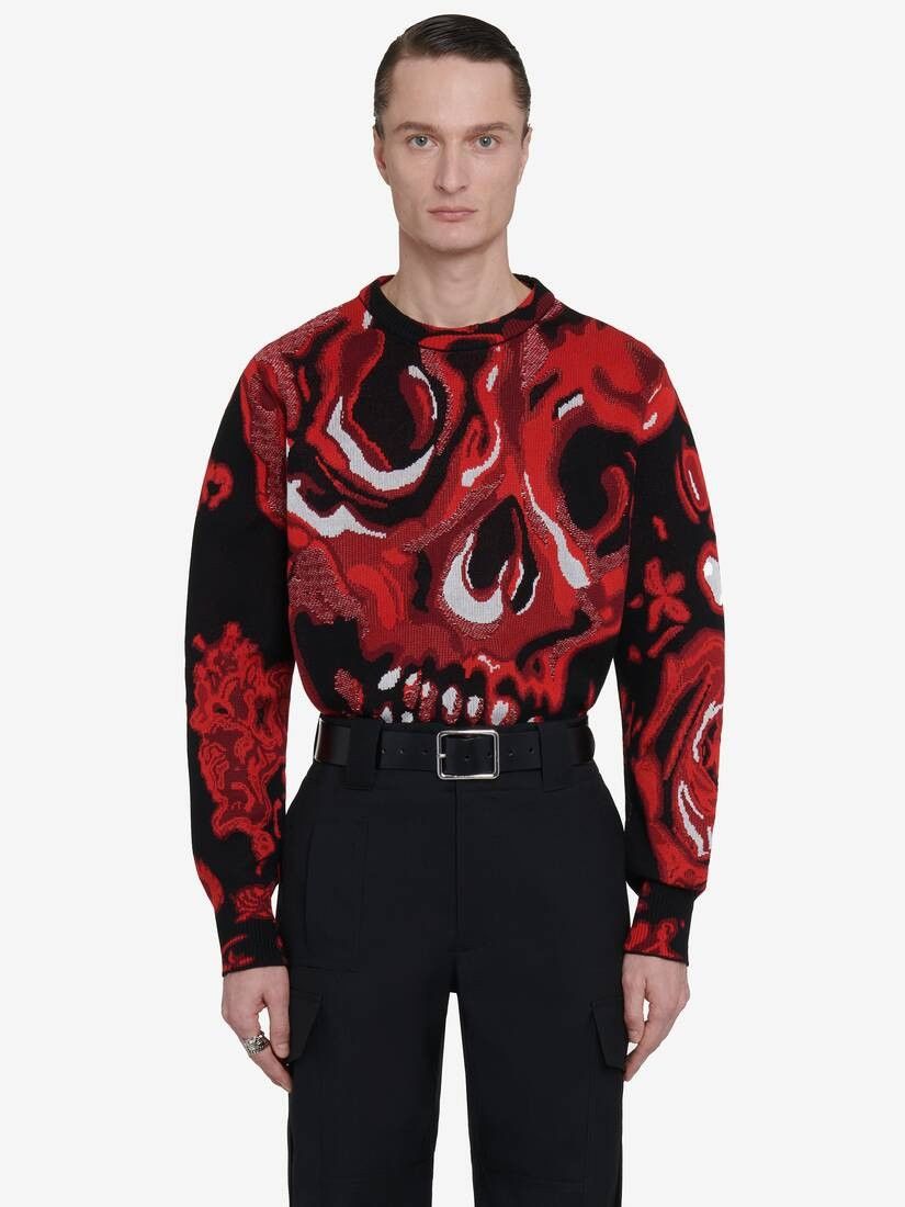 o1w1db10725 Wax Flower Skull Jumper in Black/Lust Red