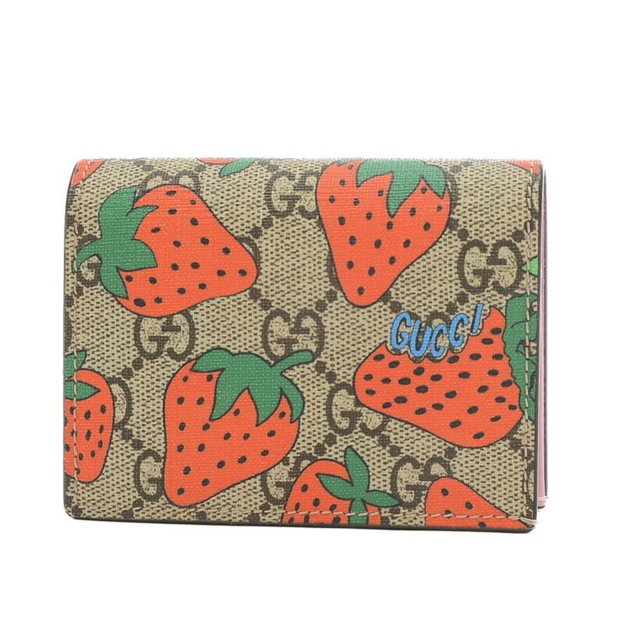 image of Gucci GG Supreme Strawberry Print Bifold Wallet Beige 573839, Women's
