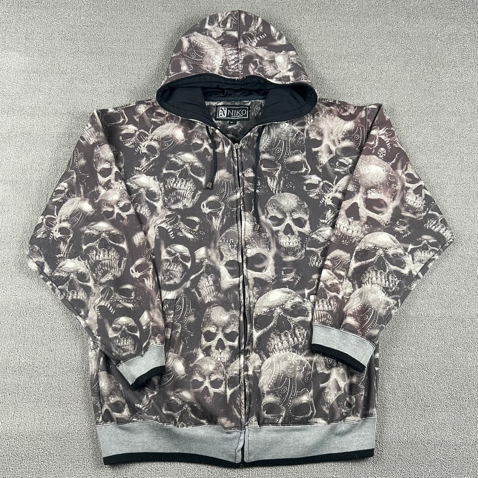 image of Vintage Crazy Skull Aop Y2K All Over Print Hoodie Sweatshirt in Grey, Men's (Size XL)