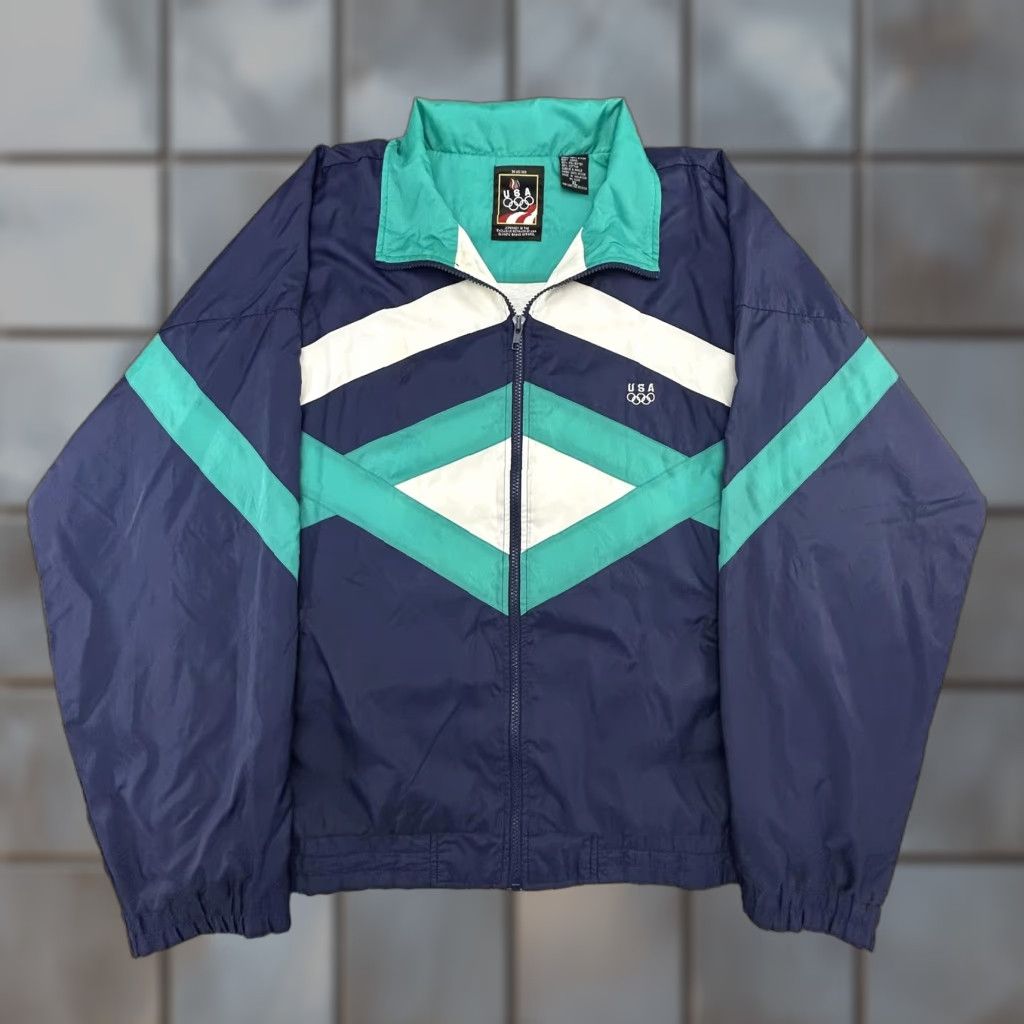 VINTAGE USA Olympics Jacket Mens XL Blue Green Windbreaker Track JCPenney 90s