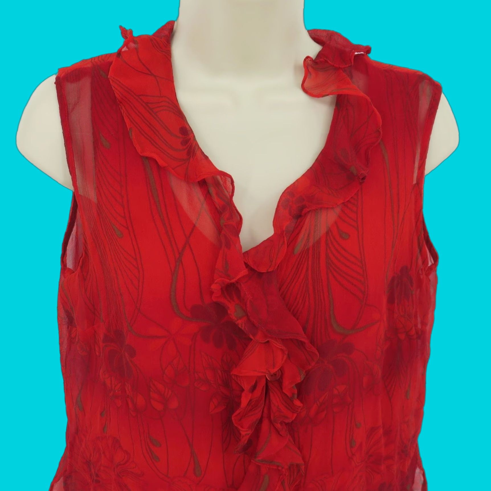 CO VINTAGE New York City Design Co Blouse Shirt Women M Silk Red Ruffle Sleeveless V-Neck Top Size M / US 6-8 / IT 42-44 - 1 Thumbnail