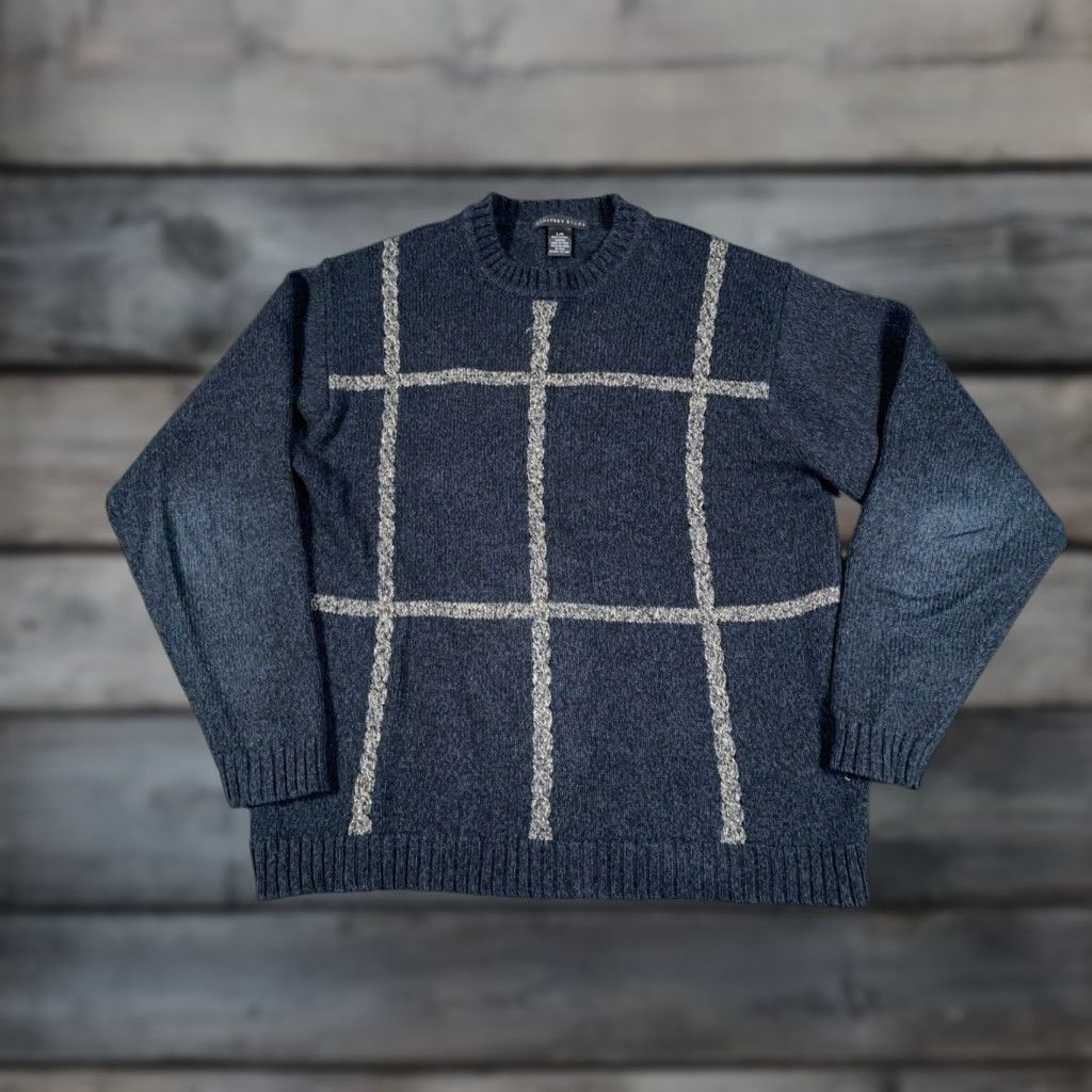 Geoffrey Beene VINTAGE Preppy Dad Style Grid Check Sweater Adult Large Dark Blue Cotton Knit Mens Size US L / EU 52-54 / 3 - 1 Thumbnail