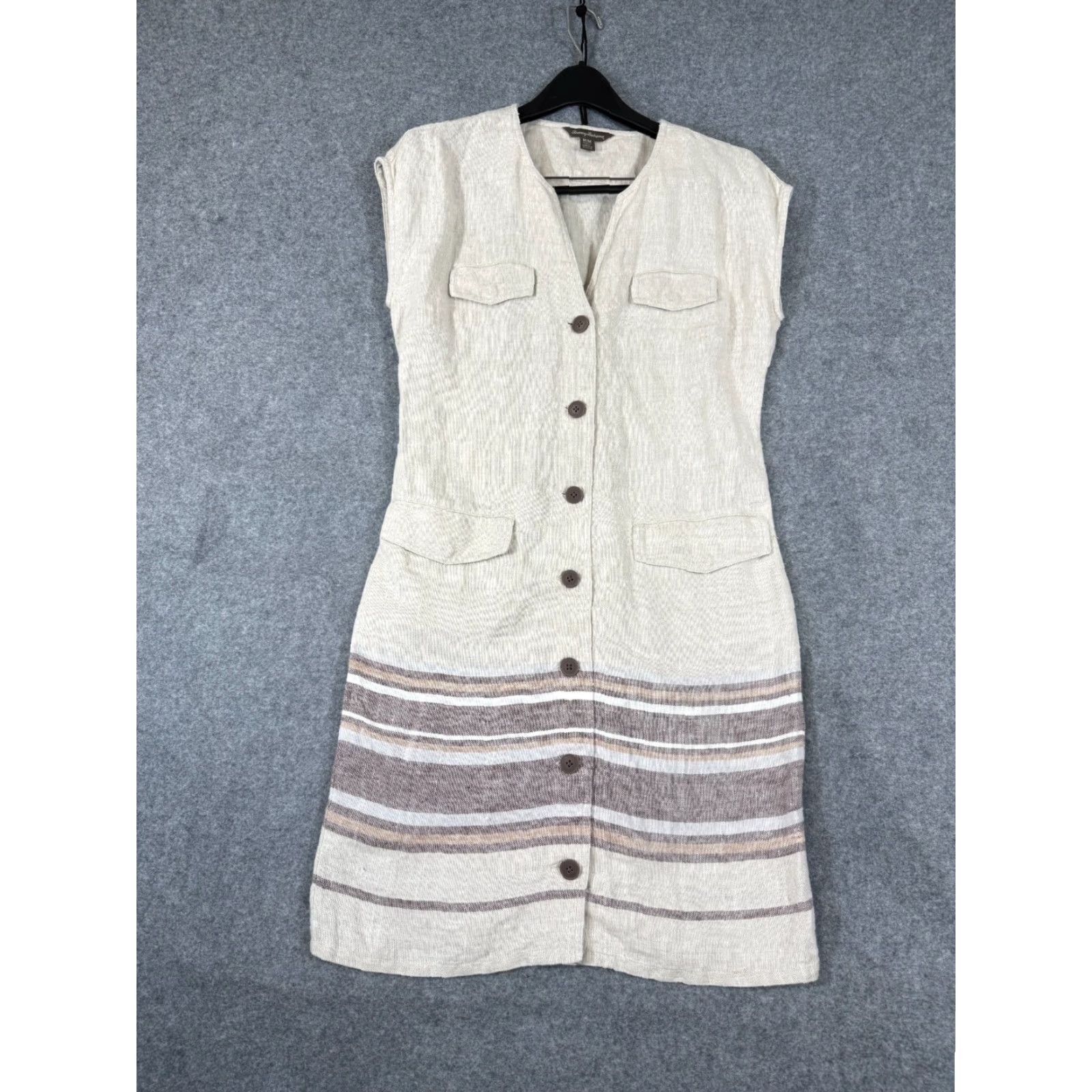 Tommy Bahama Tommy Bahama Linen Dress Womens M Beige Malene Stripe Pockets Button Front Dress Size M / US 6-8 / IT 42-44 - 2 Thumbnail