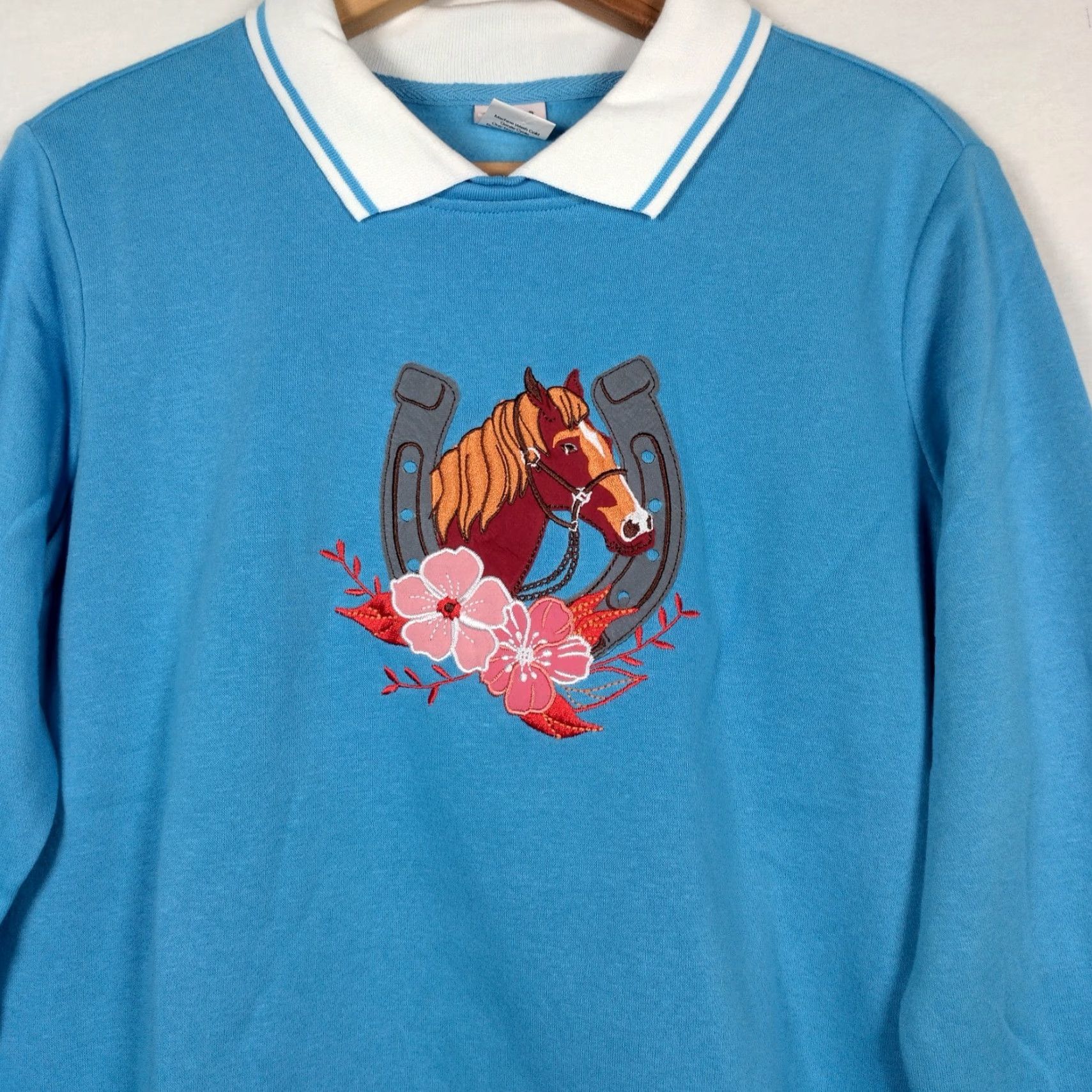 Vintage Adrian Delafield Sweatshirt Women M Collared Blue Horse Equestrian Embroidered Knit Pullover Regular Size Blue Womens Size M / US 6-8 / IT 42-44 - 2 Thumbnail