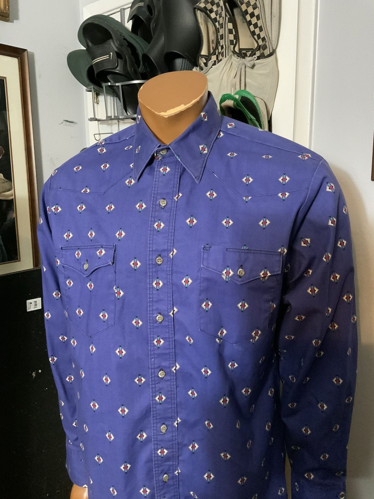 Vintage × Wrangler Wrangler Western Brushpopper Aztec Southwestern Rodeo Shirt Size US L / EU 52-54 / 3 - 9 Thumbnail