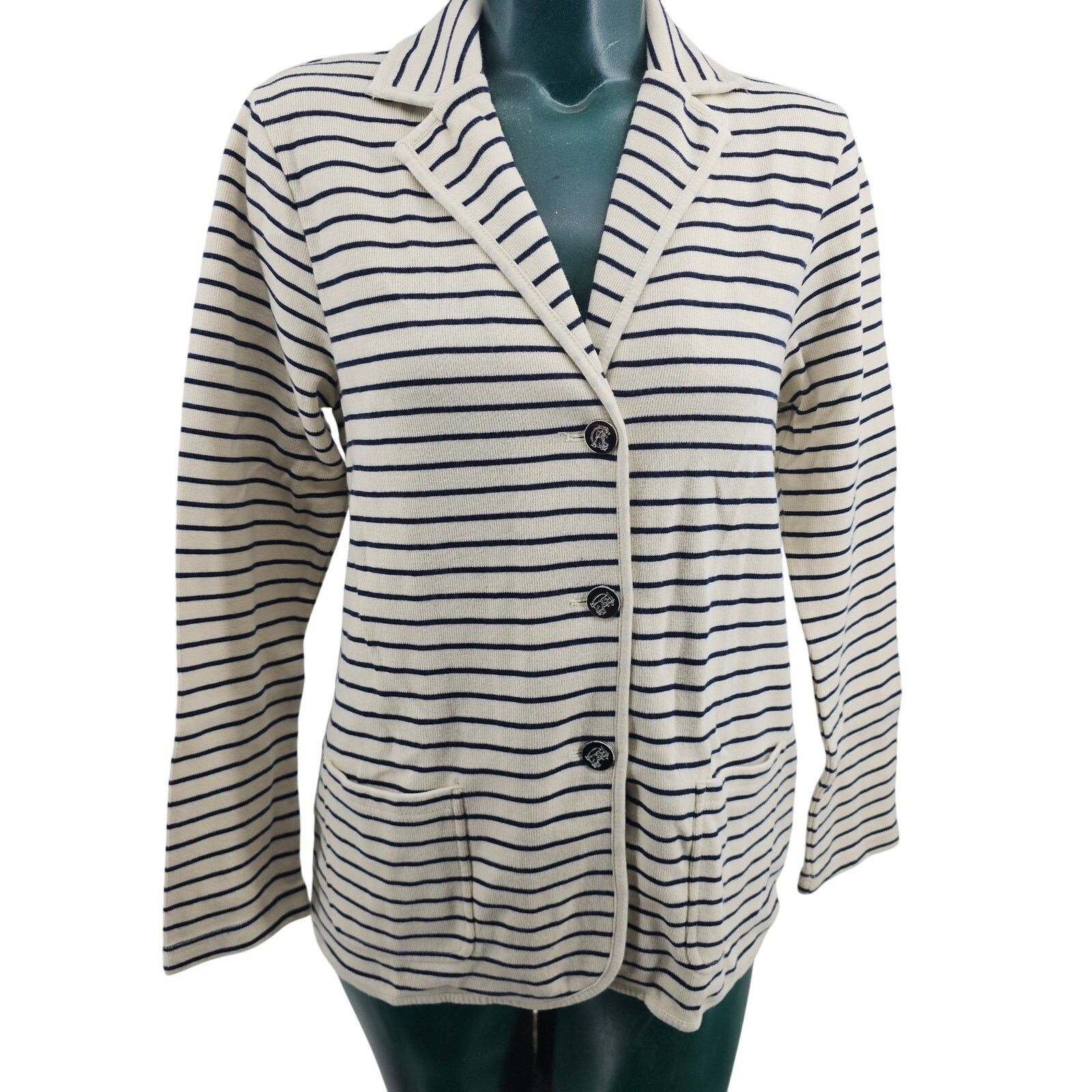 Chaps Ralph Lauren Chaps Striped Preppy Knit Blazer Jacket Cream Navy M 3613 Size M / US 6-8 / IT 42-44 - 1 Thumbnail