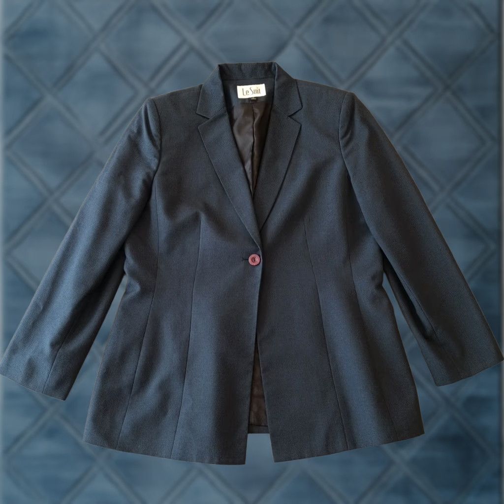 Vintage Le Suit Blazer Womens Size 14 Blue Houndstooth One Button Polyester Blend Lined Jacket - Single-Breasted Mens? Size XL / US 12-14 / IT 48-50 - 1 Thumbnail