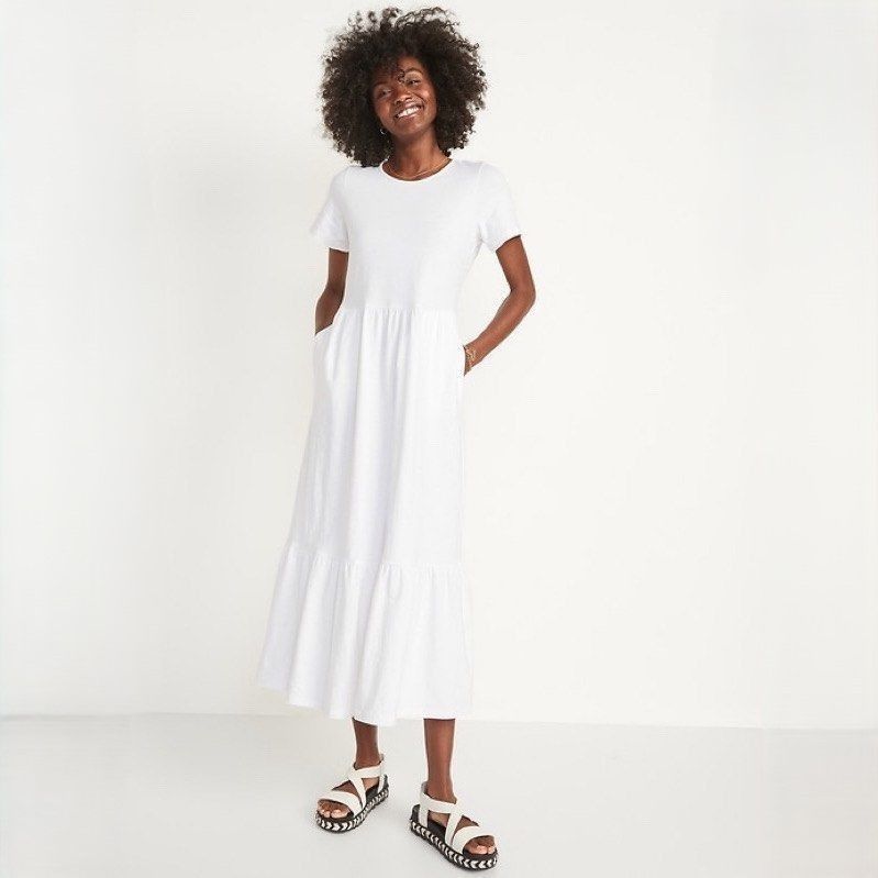 Old Navy Short-Sleeve Tiered Slub-Knit Midi Swing Dress in White NWT Size M / US 6-8 / IT 42-44 - 2 Thumbnail
