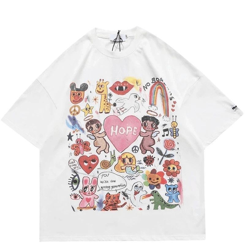 image of New Unisex Painting Letter Heart Designs Patchwork T-Shirt in White, Men's (Size 2XL)