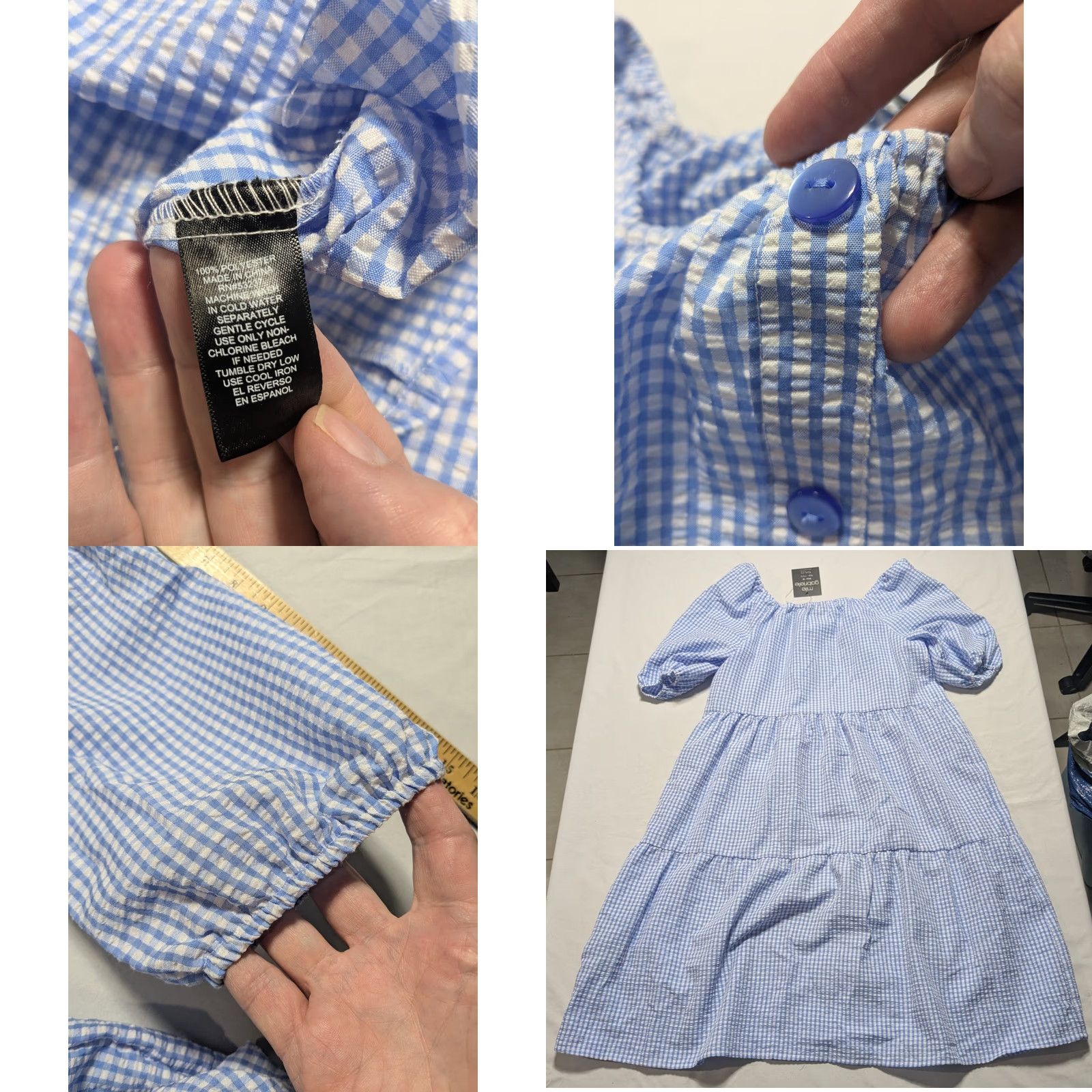 Vintage MLLE GABRIELLE Blue White Gingham Dress - Women Medium Pullover NEW Midi Sundress Short Puff Sleeve Scoop Neck Womens Size M / US 6-8 / IT 42-44 - 9 Thumbnail