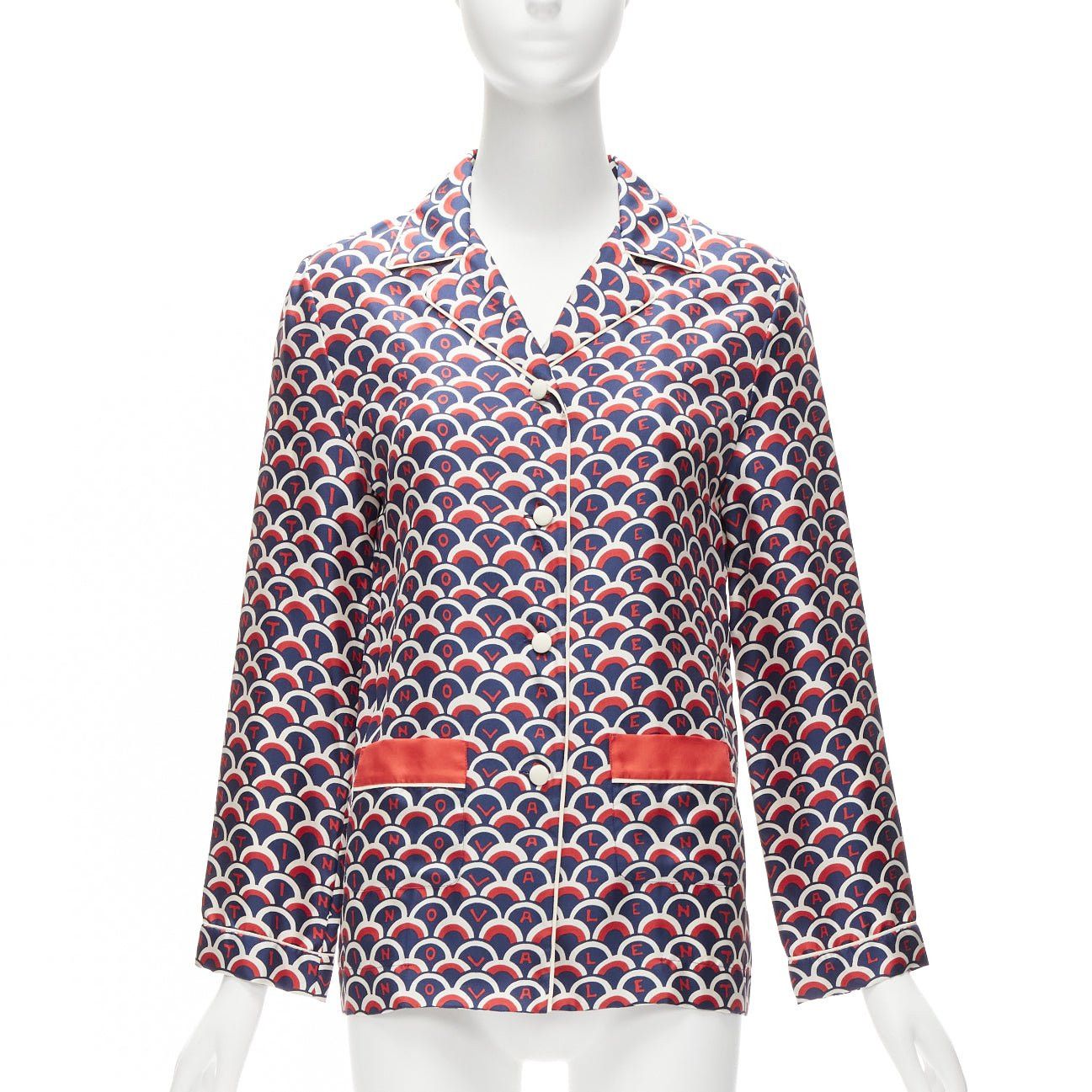Valentino VALENTINO 100% silk Scale navy red logo print pajama shirt IT36 XXS Size XS / US 0-2 / IT 36-38 - 1 Thumbnail
