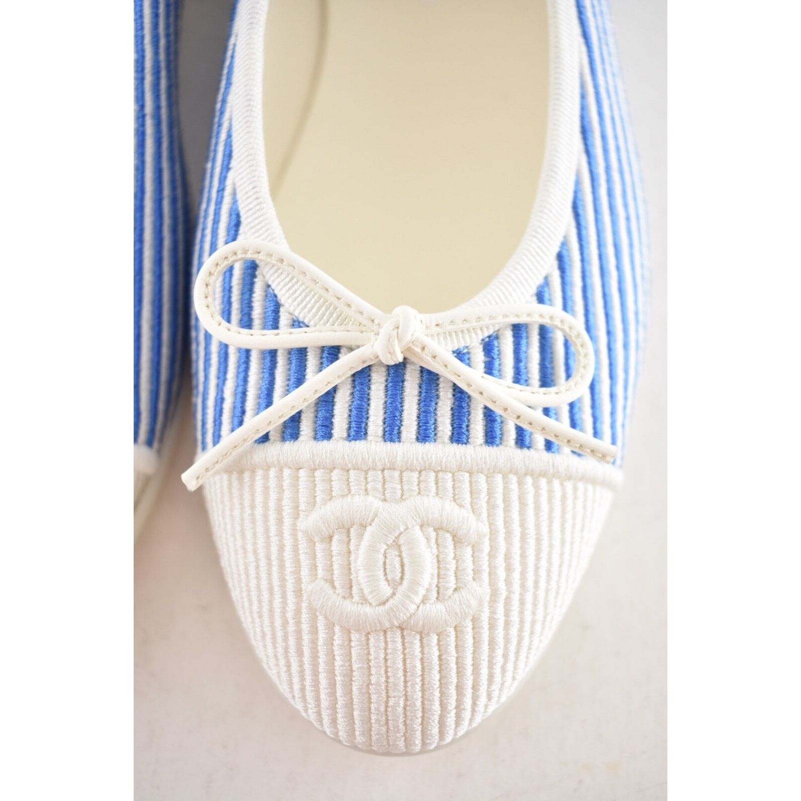 Chanel Chanel 24S Blue White Pinstripe Stripe CC Logo Bow Ballet Size US 7.5 / IT 37.5 - 9 Thumbnail