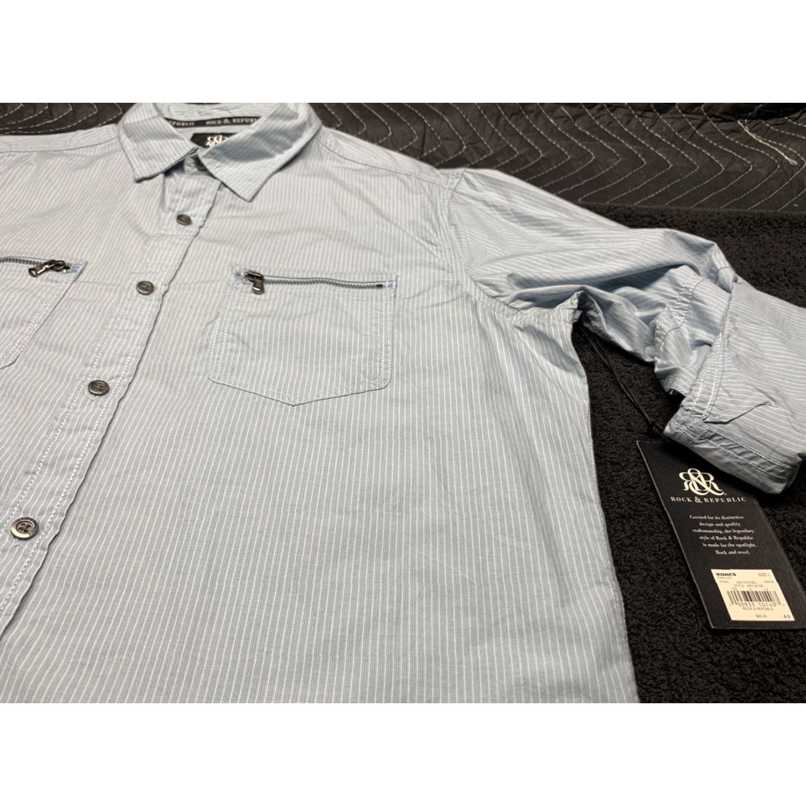 Vintage Rock & Republic Blue Striped Short Sleeve Button-Up Shirt Adult Large L Cotton Pockets Casual Mens Size US L / EU 52-54 / 3 - 3 Thumbnail