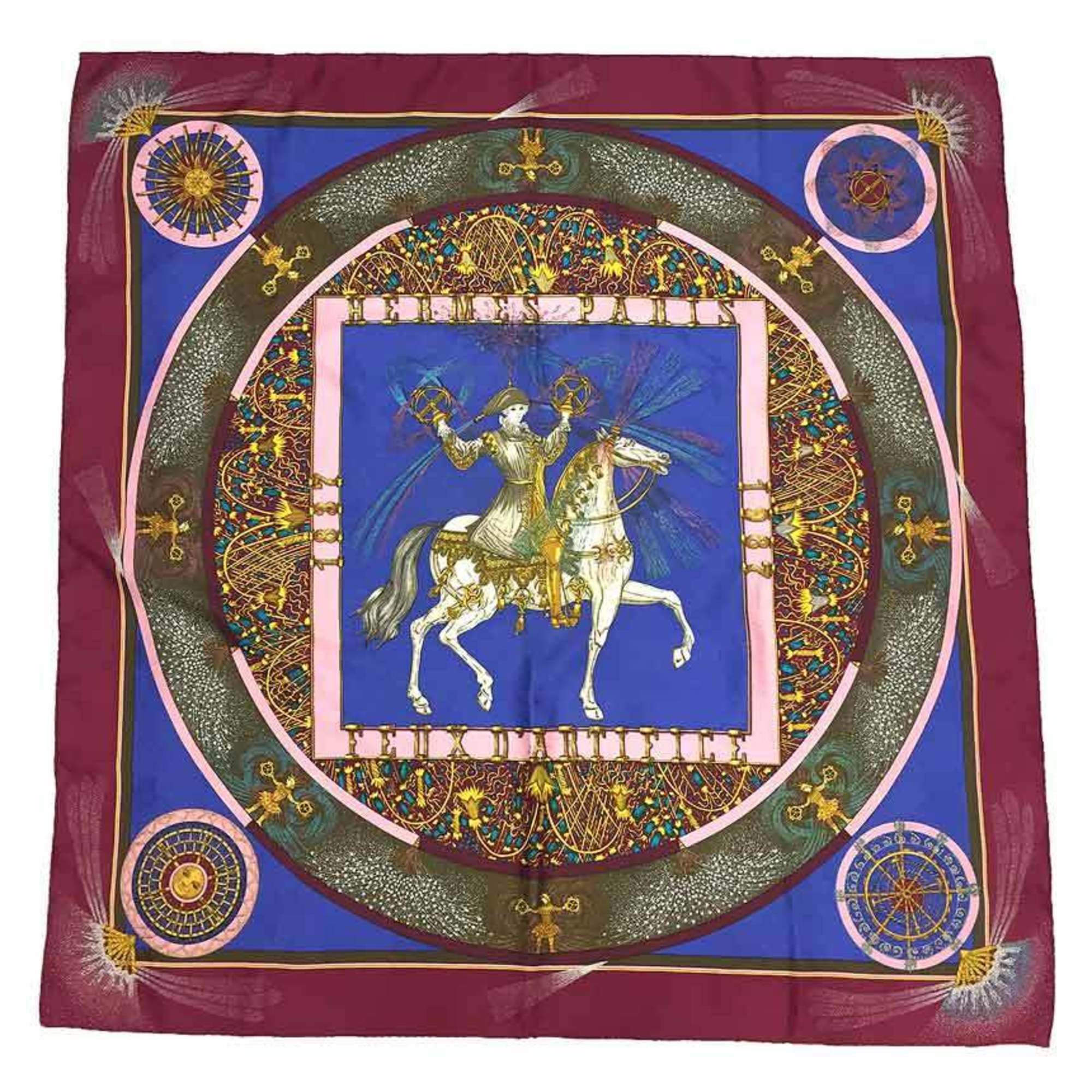 image of Hermes Carre 90 Scarf Muffler Feux D'artifice Fireworks Bordeaux X Blue 150Th Anniversary 1987 Napo