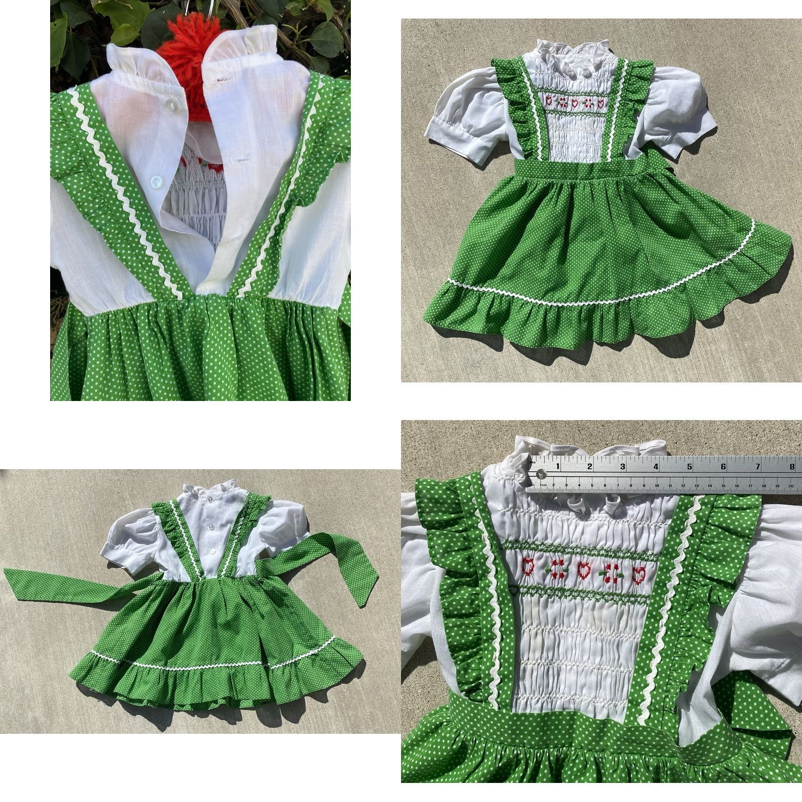 Vintage VINTAGE Polly Flinders Hand Smocked Dress Green Polka Dot Girls Size 4 70s 80s Size ONE SIZE - 9 Thumbnail