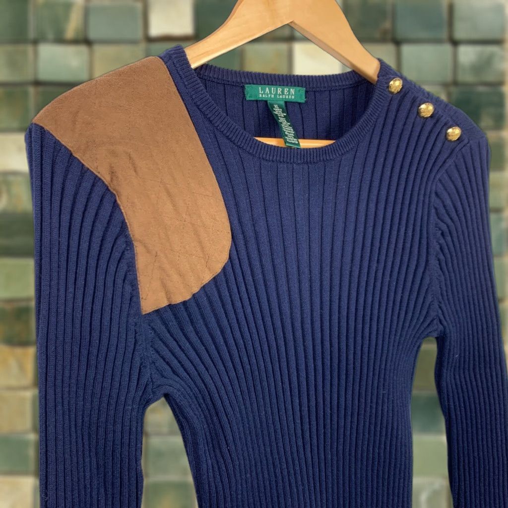 Ralph Lauren VINTAGE Lauren Ralph Lauren Ribbed Fitted Patch Navy Sweater Womens XL Size XL / US 12-14 / IT 48-50 - 1 Thumbnail