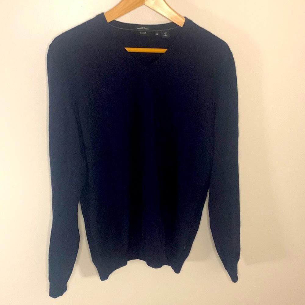 Hugo Boss VNeck Merino Sweater- Hugo Boss - Navy Blue - Medium Size US M / EU 48-50 / 2 - 2 Thumbnail