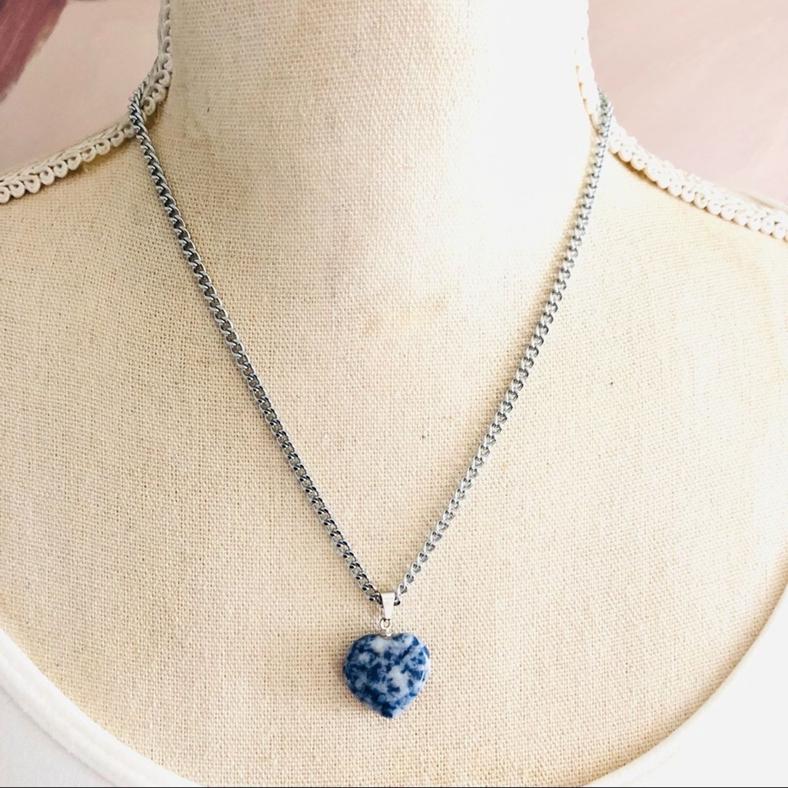 Jewelry Blue and white marble heart shaped pendant on chain necklace Size ONE SIZE - 2 Thumbnail