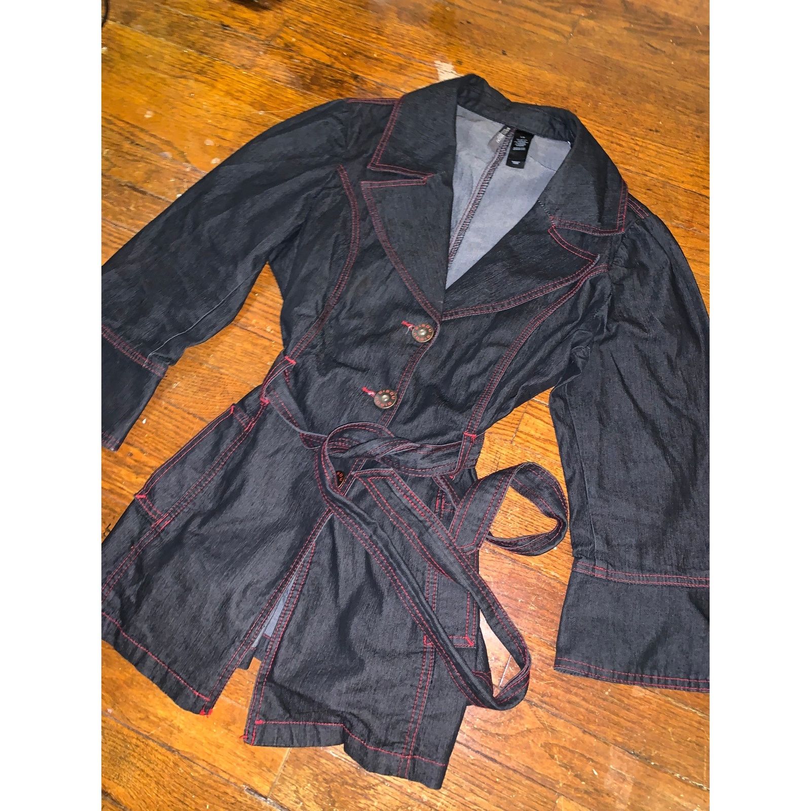 Other × Vintage Bisou Bisou Denim Jacket Belted Dark Wash Red Stitch L Y2K Size L / US 10 / IT 46 - 8 Thumbnail