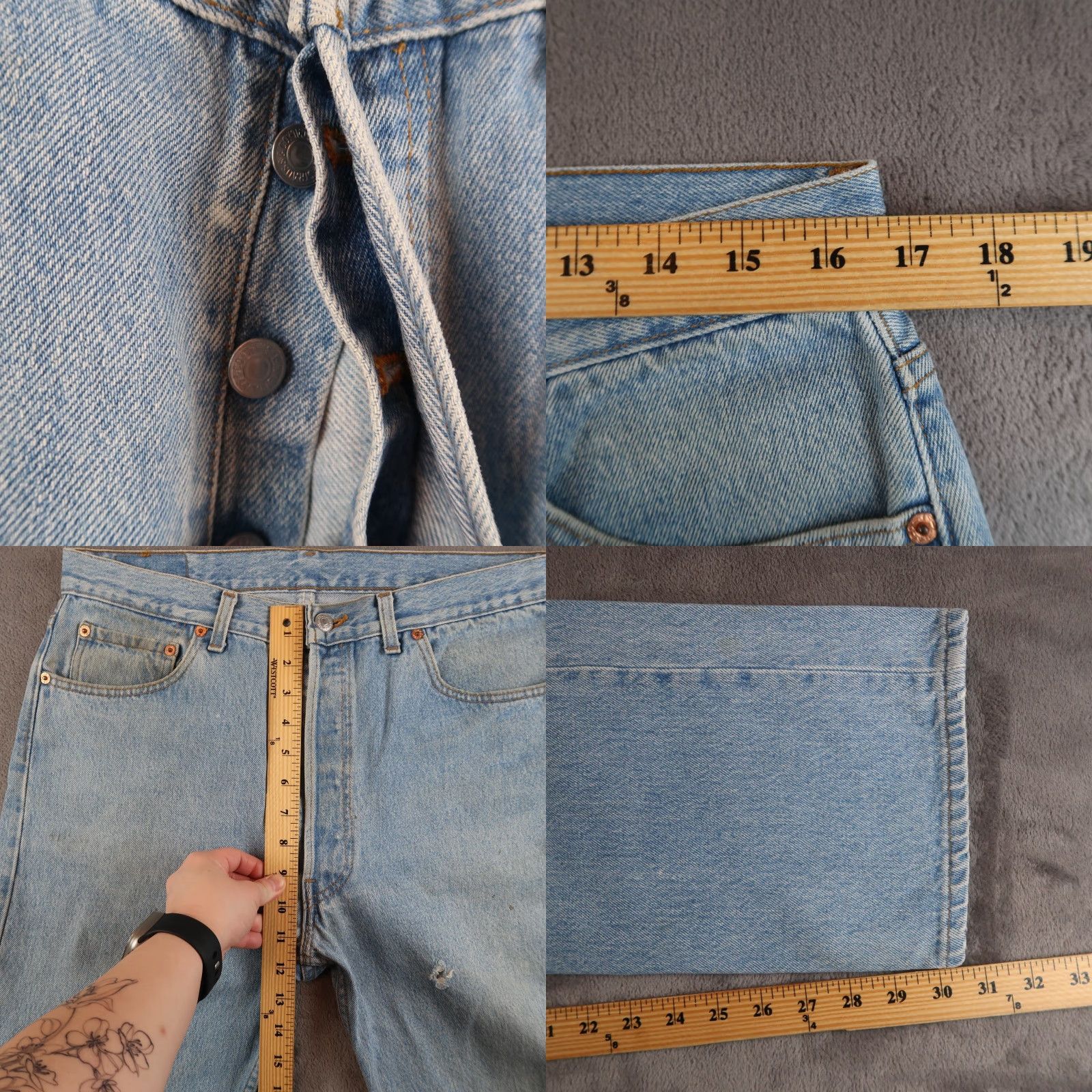 Levi's VINTAGE Levi's 501 Jeans 36x32 (33x30.5) Blue Denim Mens USA - 5-Pocket Button Closure Distressed Regular Fit 90s 501 Series Size US 36 / EU 52 - 8 Thumbnail