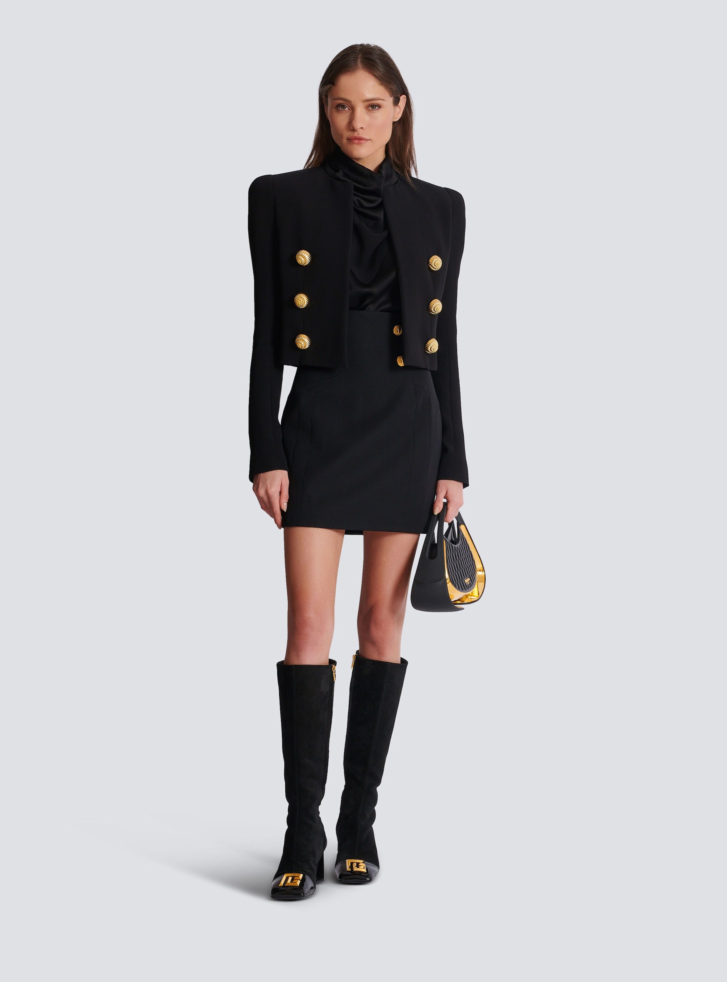 Balmain o1s1wg111025 Buttoned Cropped Crepe Jacket in Black Size XS / US 0-2 / IT 36-38 - 3 Thumbnail