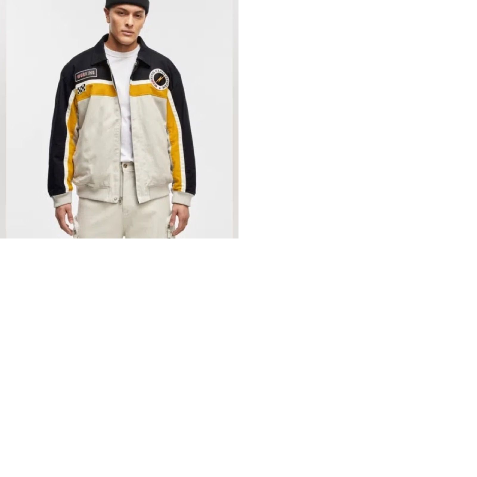 Vintage Mode of One Mens XL Racing Bomber Jacket Dark Ecru Black Tan NEW Size US XL / EU 56 / 4 - 10 Thumbnail