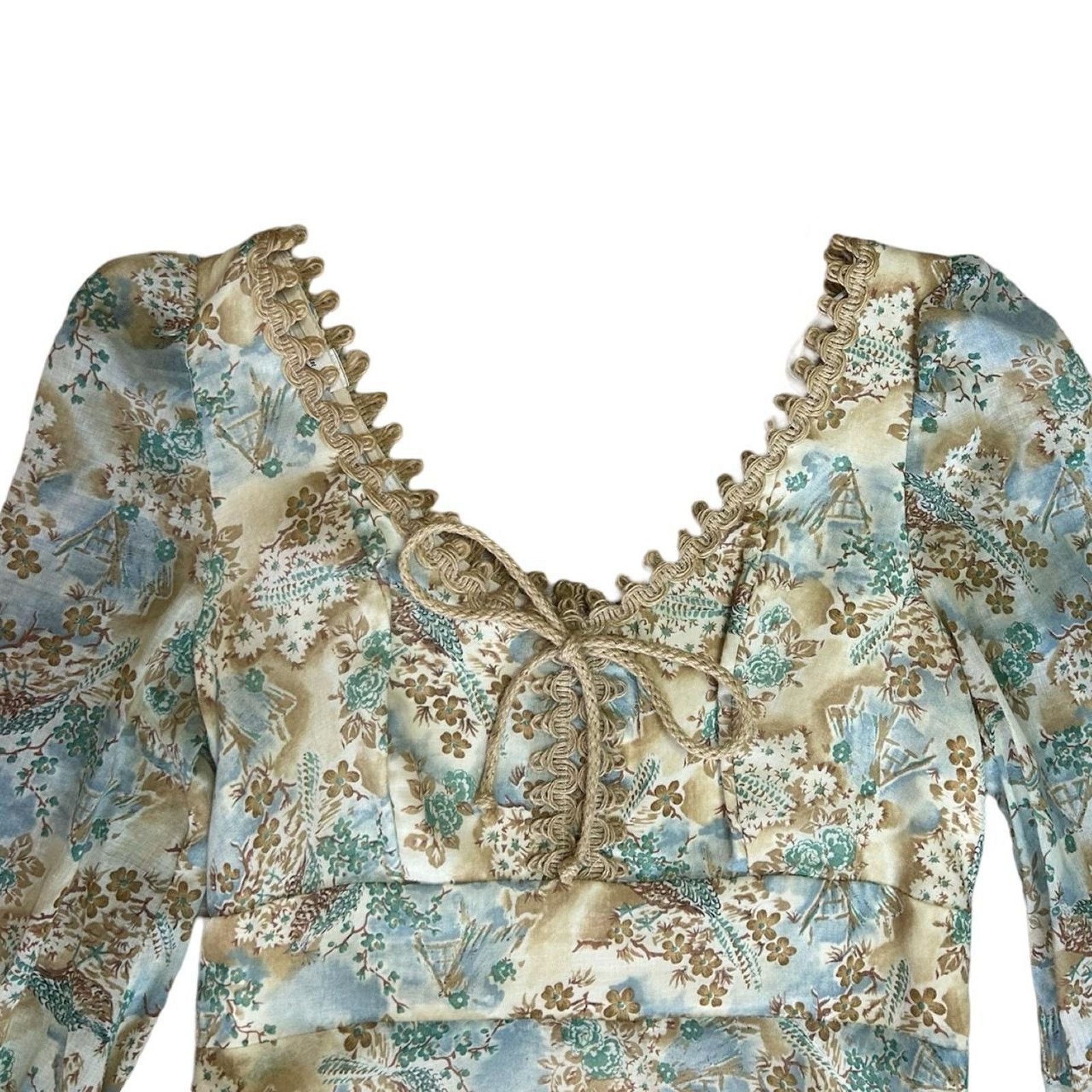 Vintage 70s vintage prairie dress victorian cream green blue lace Size M / US 6-8 / IT 42-44 - 2 Thumbnail