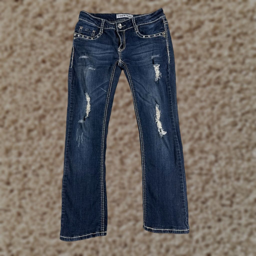 Denime Liuces Jeans Womens 7 Blue Denim Bootcut Distressed Dark Low Rise 25x26 Hemmed 26 Inseam Regular 5-Pocket Logo Embroidered Button Cotton Blend Stretch Size 28" / US 6 / IT 42 - 1 Thumbnail