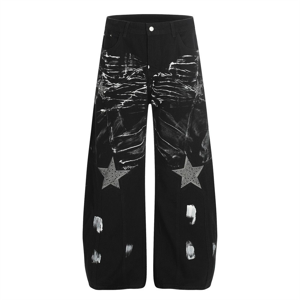 Men's star ink graffiti loose wide-leg scimitar jeans