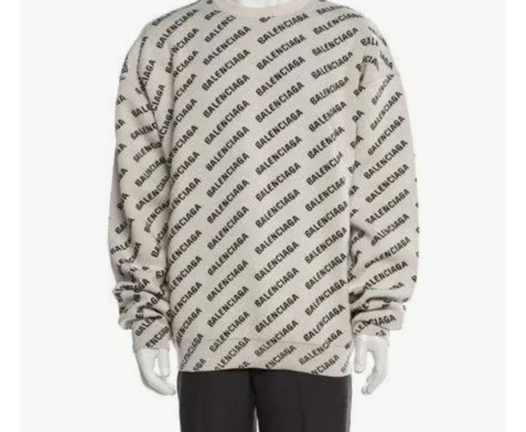 Balenciaga Men's Mini Allover Logo Sweater in Dark Beige