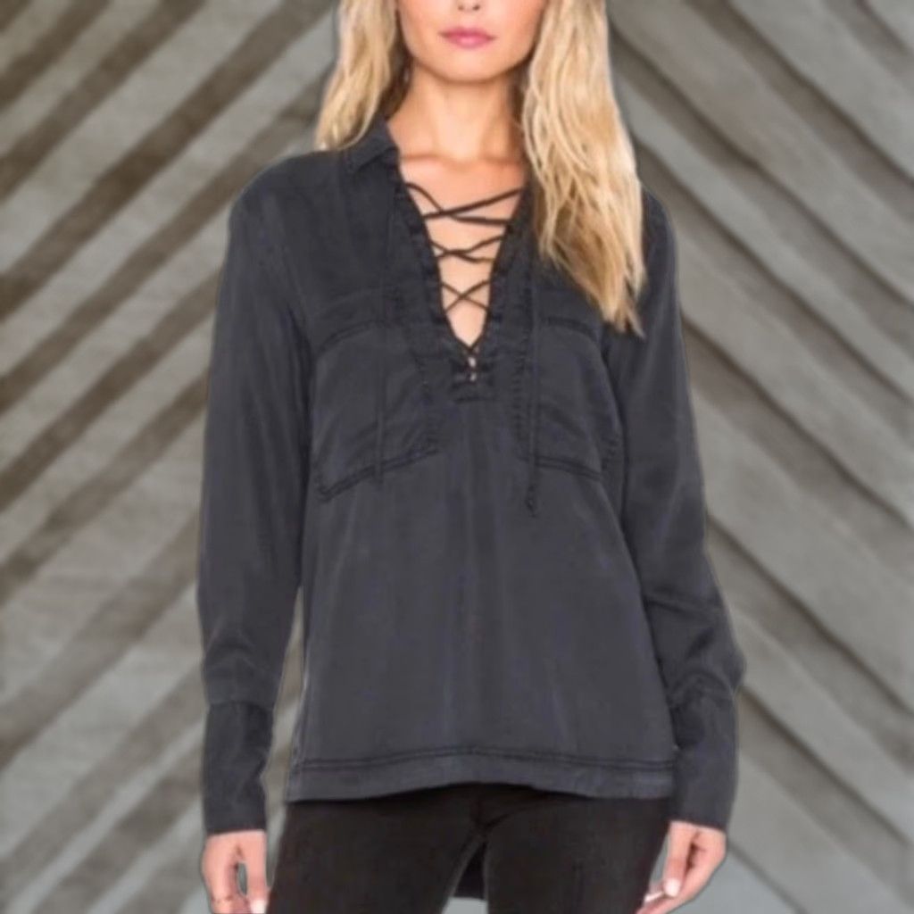 Free People Free People Blouse Women Black Under Your Spell V Neck Lace Up Medium Shirt Size M / US 6-8 / IT 42-44 - 1 Thumbnail