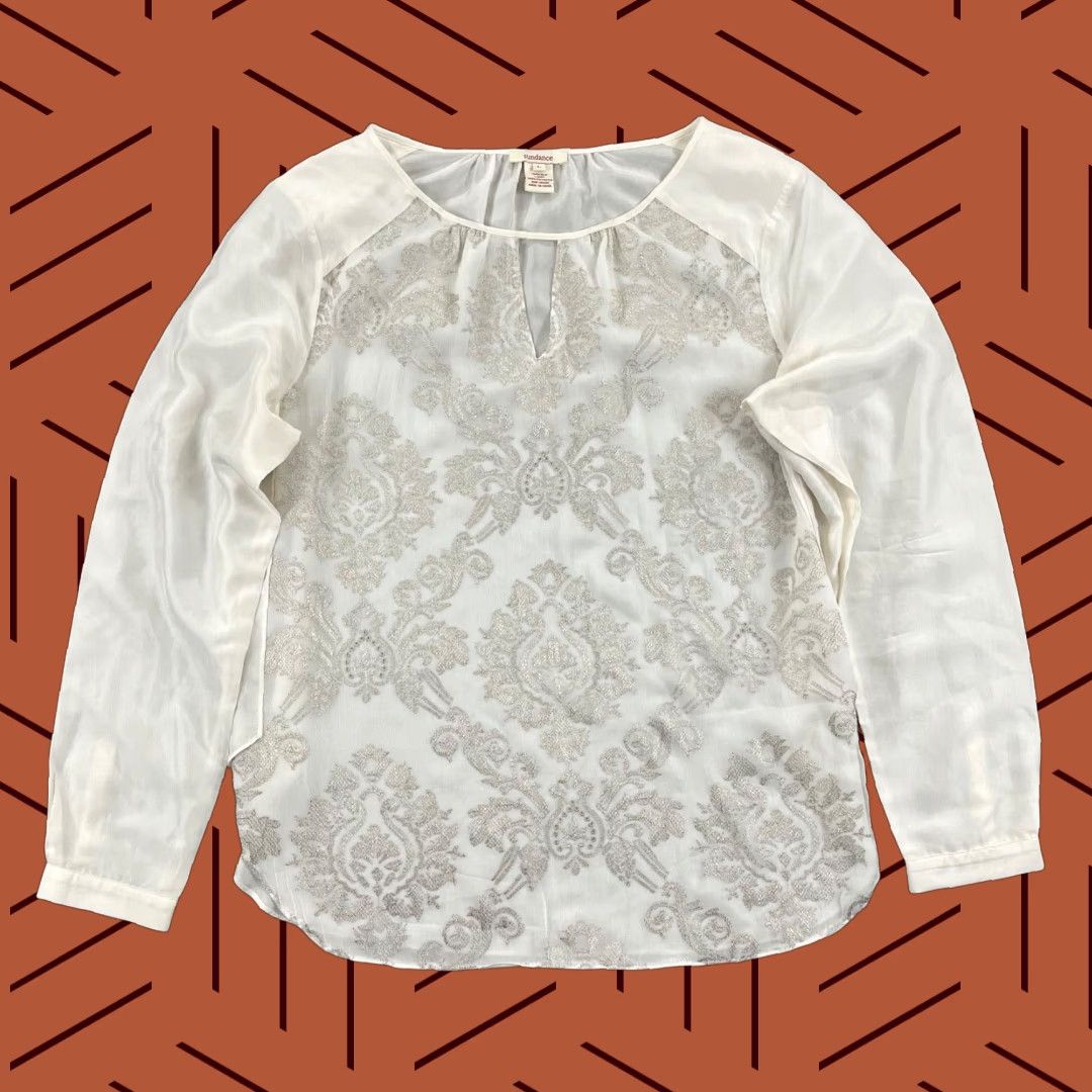 Vintage SUNDANCE Blouse Womens L White Silver Floral Embroidered Silk Sheer L/S Size L / US 10 / IT 46 - 1 Thumbnail