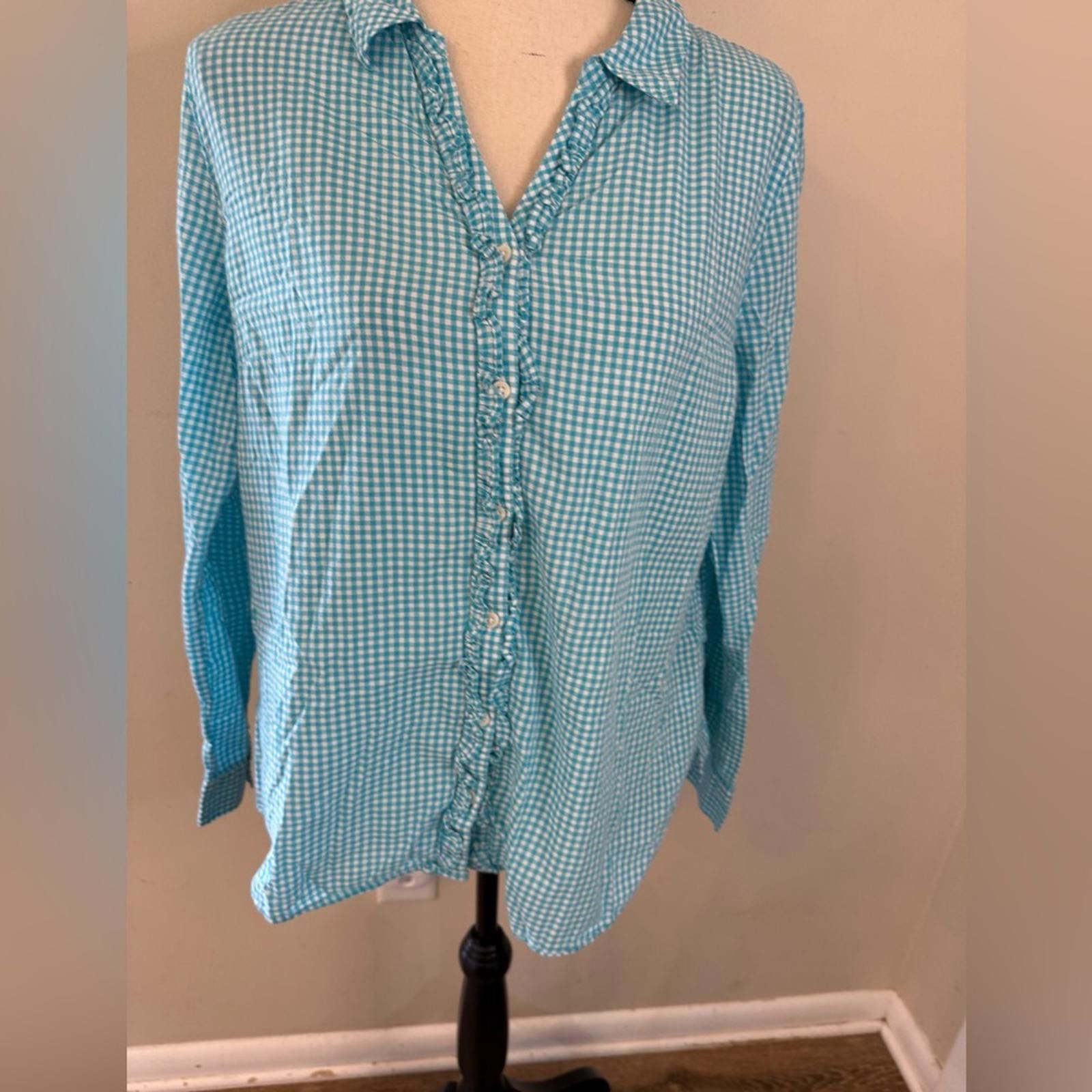 Erima Ericka teal white plaid ruffled button up long sleeve SZ LG Size L / US 10 / IT 46 - 5 Thumbnail